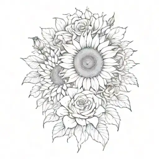 large sunflower surrounded by a rose and chrysanthemum flowers tattoo design idea