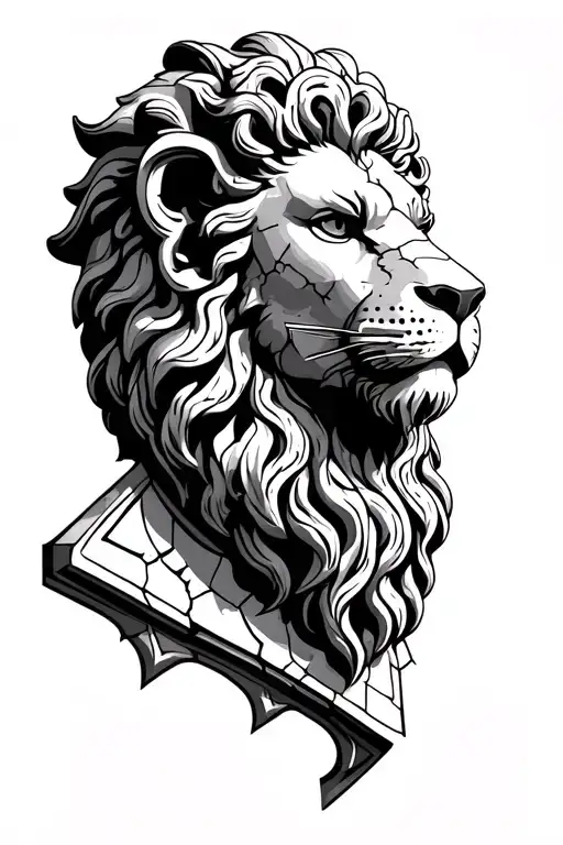 hercules head  in a head of a lion looks like an old statue with cracks tattoo design idea