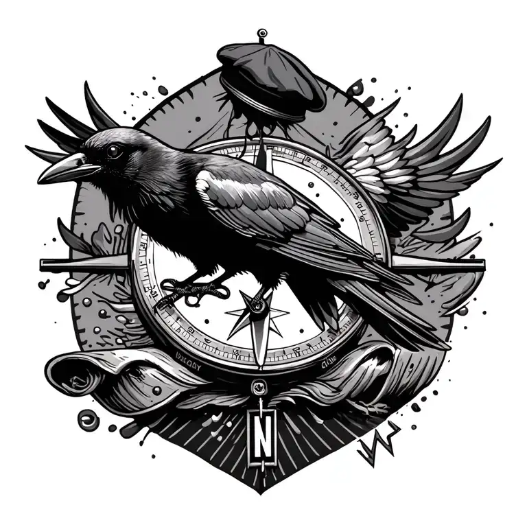 Crow flying out of the picture in a corner with a beret on its head, and a compass where you only can see the N on it tattoo design idea