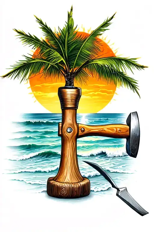 A carpenter's hammer and chisel with a sun and beach scene, representing your occupation and favorite things tattoo design idea