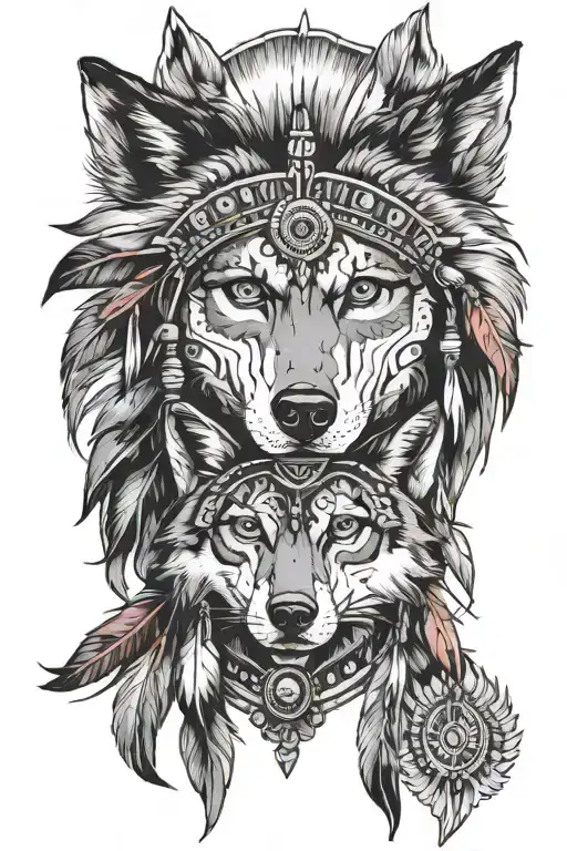 wolf and red indian girls face tattoo design idea