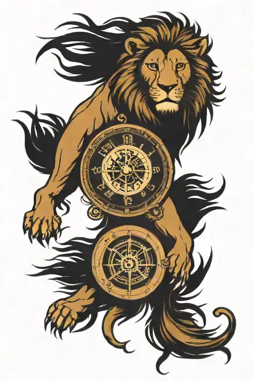 Lion compass clock tattoo design idea