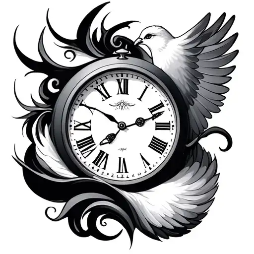 clock face+dove tattoo design idea