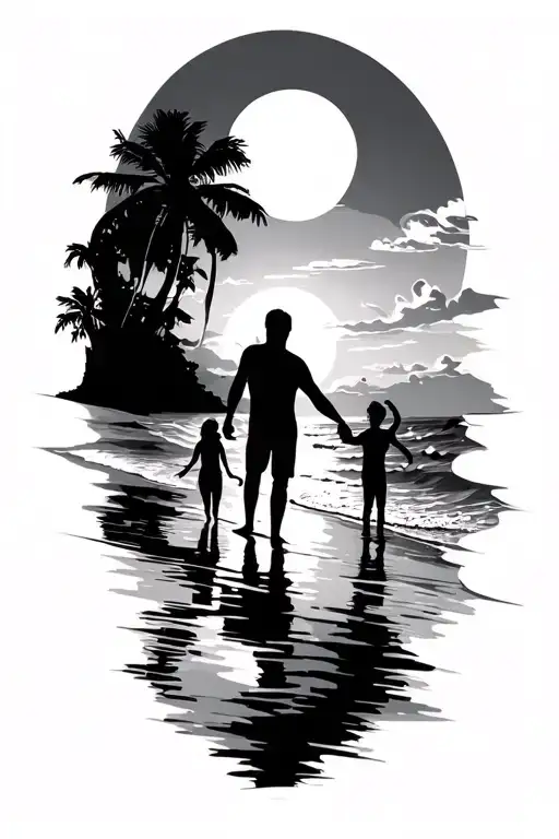 sunset beach scheme black sillhouete.  Girl, Man, Boy holding hands. tattoo design idea