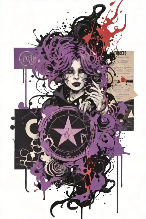 spell book, purple dust, coven silouette tattoo design idea