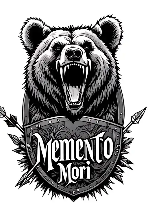 "Memento Mori" roaring bear head on a gaul oval shield and arrows planted in it tattoo design idea