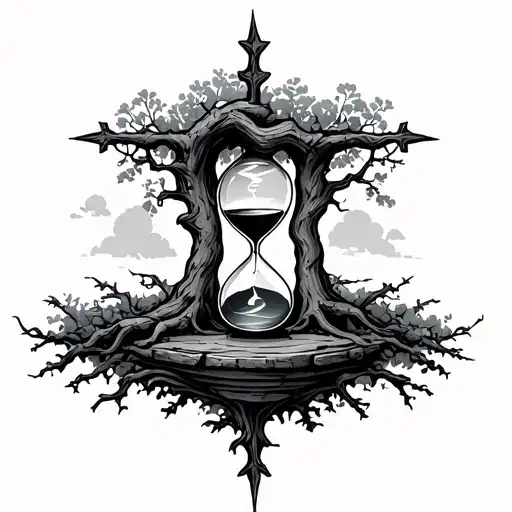 cross with tree and hourglass tattoo design idea