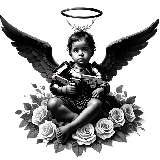 Create a baby black armored angel with halo that is Cupid that is dual wielding pistols laying amongst a bed of roses an tattoo design idea