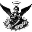 Create a baby black armored angel with halo that is Cupid that is dual wielding pistols laying amongst a bed of roses an tattoo design idea