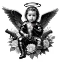 Create a baby black armored angel with halo that is Cupid that is dual wielding pistols laying amongst a bed of roses an tattoo design idea