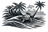 A simple wave with Polynesian graphics with a palm tree a turtle tattoo design idea