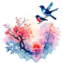 feminine lace with birds and flowers  trees tattoo design idea