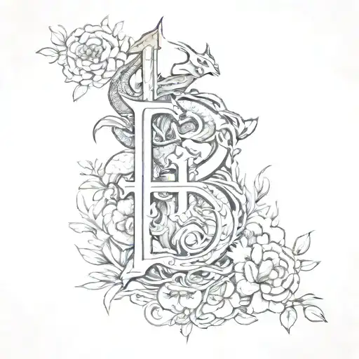 A sketch style tattoo of Korean characters spelling out 'laughter' with a dragon and flowers incorporated into the design tattoo design idea