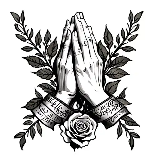 "Ellie gray Bejarano " "Ellie gray Bejarano " rose praying hands banner tattoo design idea