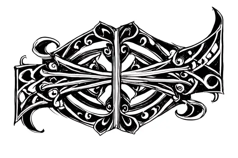 Elegant tattoo sketch: a vertically stretched gothic cross, drawn with fine ornamental lines and delicate wrought-iron tattoo design idea