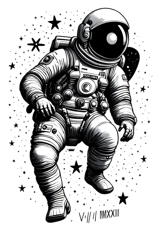 astronaut floating in space with stars and the atomic symbol of hydrogen and the roman numerals V_II_MMXXIII  tattoo design idea