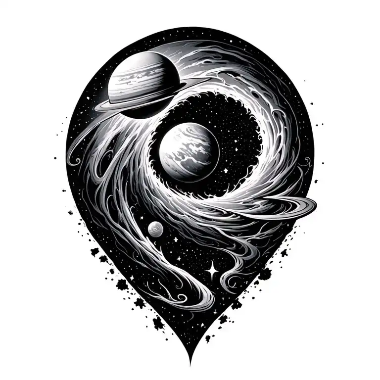 Frightning representation of a black hole sucking in stars and planets tattoo design idea