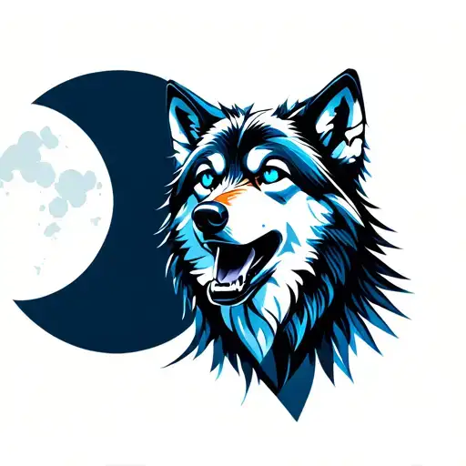 wolf  with blue eyes howling at the moon in background  tattoo design idea
