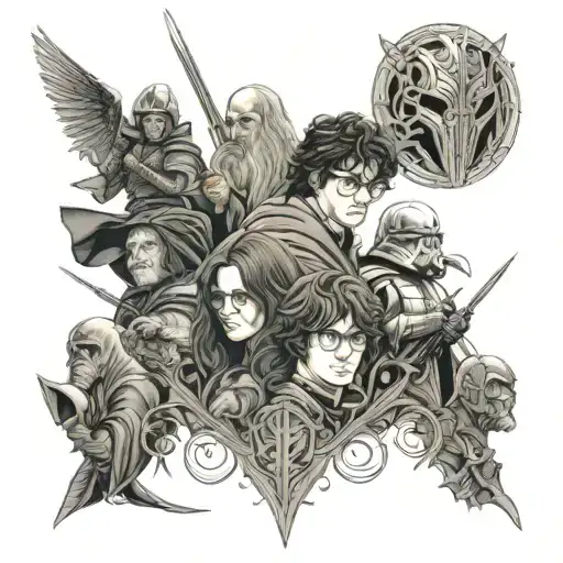 lord of the rings, Harry Potter, Star Wars and marvel tattoo design idea