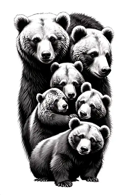 family of five bears. two adults, three cubs. one of the cubs are sleeping. tattoo design idea