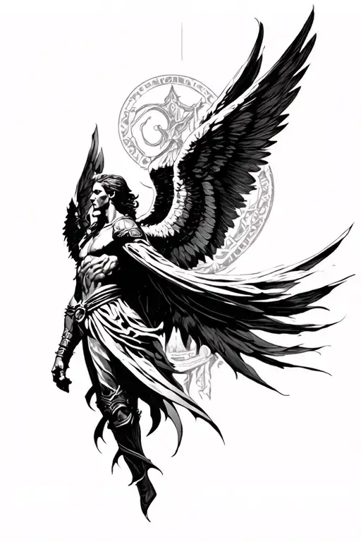 sideways dark wild warrior archangel Michael with big wings tattoo design idea