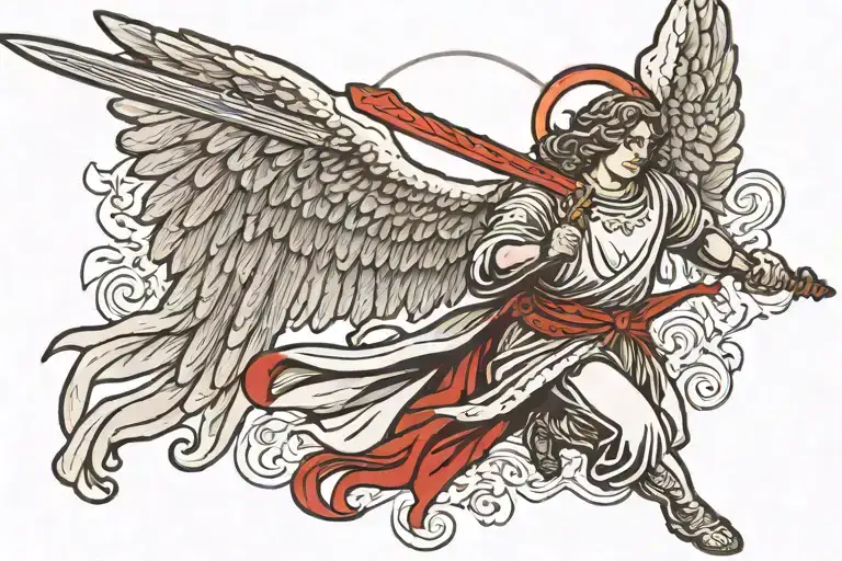  accurate biblical angel holding a sword and with 4 red wings, no body or head just an eye. tattoo design idea