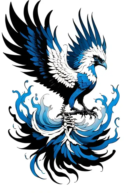 phoenix rising from the ashes with his spine in bones, feminine, only blue white and black color, wings linear tattoo design idea