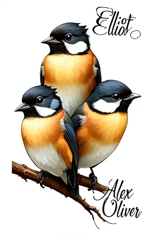 three chickadees with the names Elliot, Alex and Oliver tattoo design idea