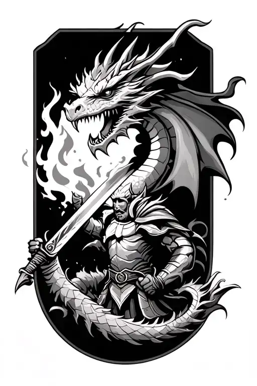 dragon breathing fire at knight holding a sword tattoo design idea