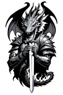 dragon breathing fire at knight holding a sword tattoo design idea