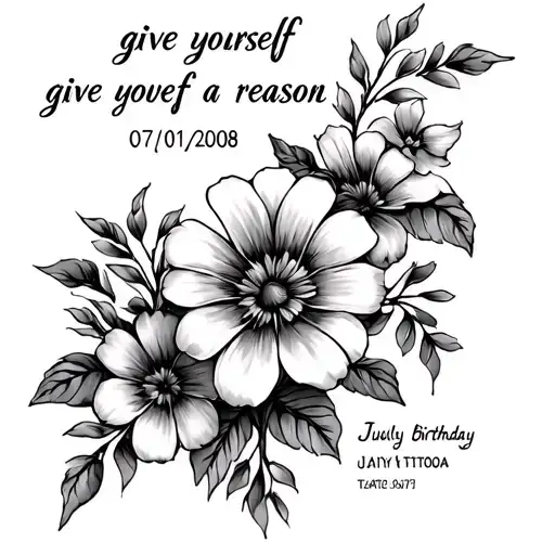 I want a tattoo that says “give yourself a reason” with the July birthday flowers  with the date 07/01/2008 tattoo design idea