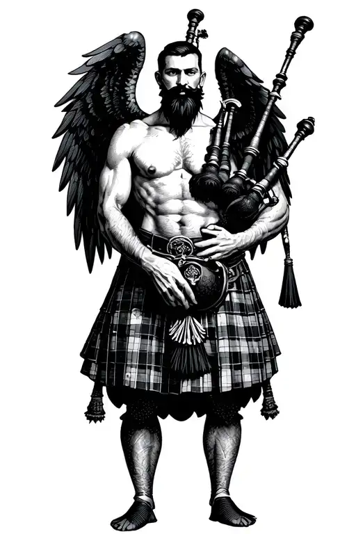 shirtless muscular bagpiper bald black beard playing bagpipes hoge black wings no legs tattoo design idea