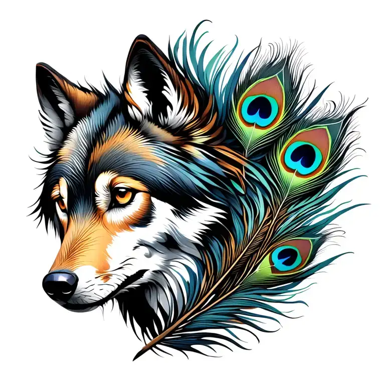 wolf and peacock feather attached tattoo design idea