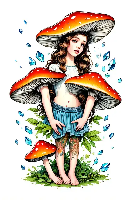 girl, lost,happiness, anger issues,  sad, love, anxiety, panice attack,  forest ,mushrooms, crystals,  forest animals,  tattoo design idea