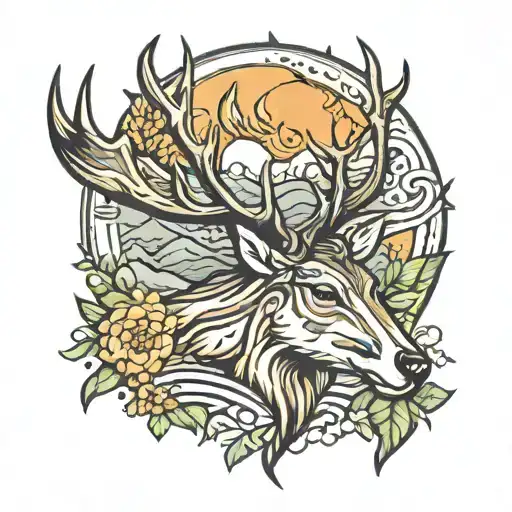deer sun moutain river tattoo design idea