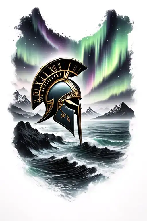 aurora borealis colors in the darks mountains touches the sea with clock with spartan helmet tattoo design idea