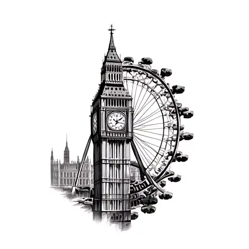A detailed tattoo of Big Ben and the London Eye intertwined with gears and machinery tattoo design idea
