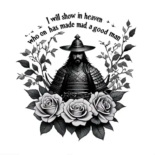 Samurai and roses in the tattoo design, and a short text with phrase "I will show in heaven who on Earth has made a good man" tattoo design idea