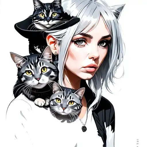 anarchist girl with silver hair and gang of cats tattoo design idea