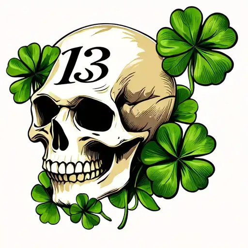  Skull with 4 leaf clover and the number 13  tattoo design idea