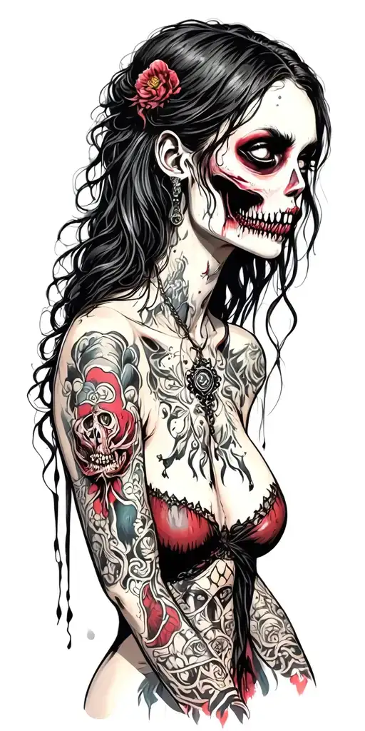 zombie pinup girl that still manages to be hot tattoo design idea