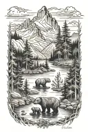 mountains, trees, bears, canoes tattoo design idea
