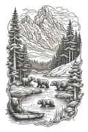 mountains, trees, bears, canoes tattoo design idea