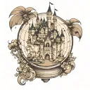 A Disney castle transformed into a globe, symbolizing travel and adventure tattoo design idea
