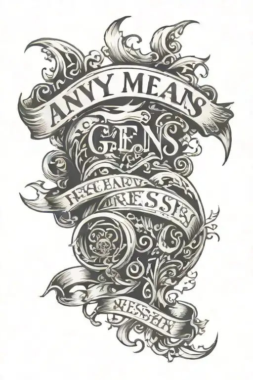 quote "any means necessary" in reverse shading with background imagery  tattoo design idea