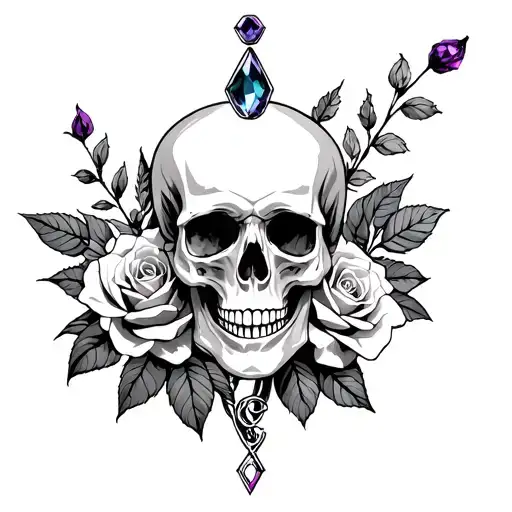 skulls and roses and alexandrite with Gemini symbol tattoo design idea