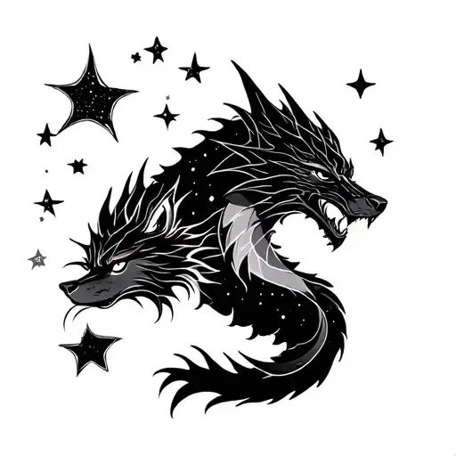 a wolf and a Dragon, celestial with stars tattoo design idea