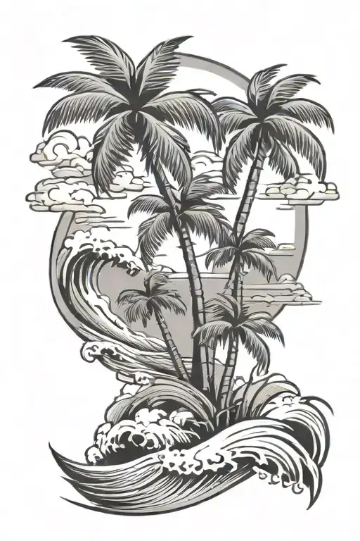 Beach palm trees and waves tattoo design idea