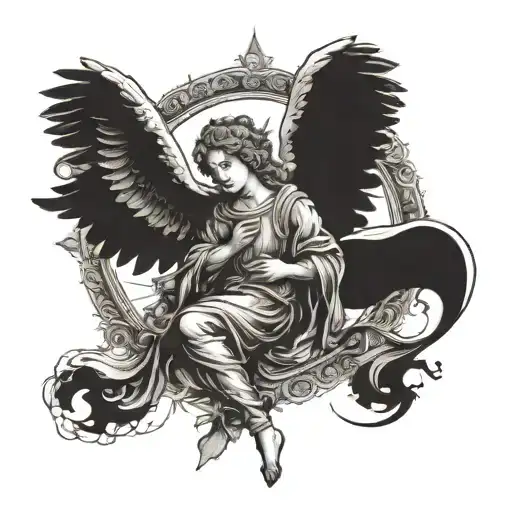 An intricate Renaissance-inspired tattoo featuring an angel in a medieval setting tattoo design idea