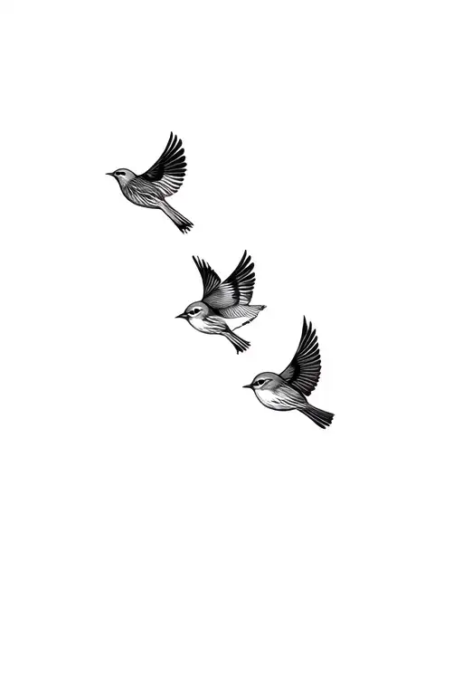 3 semirealisitic sparrows flying upward together symbolizing siblings tattoo design idea